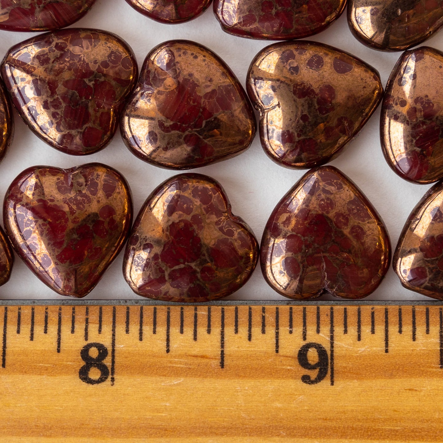 16mm Heart Beads - Garnet Red with Gold Wash - 10 hearts