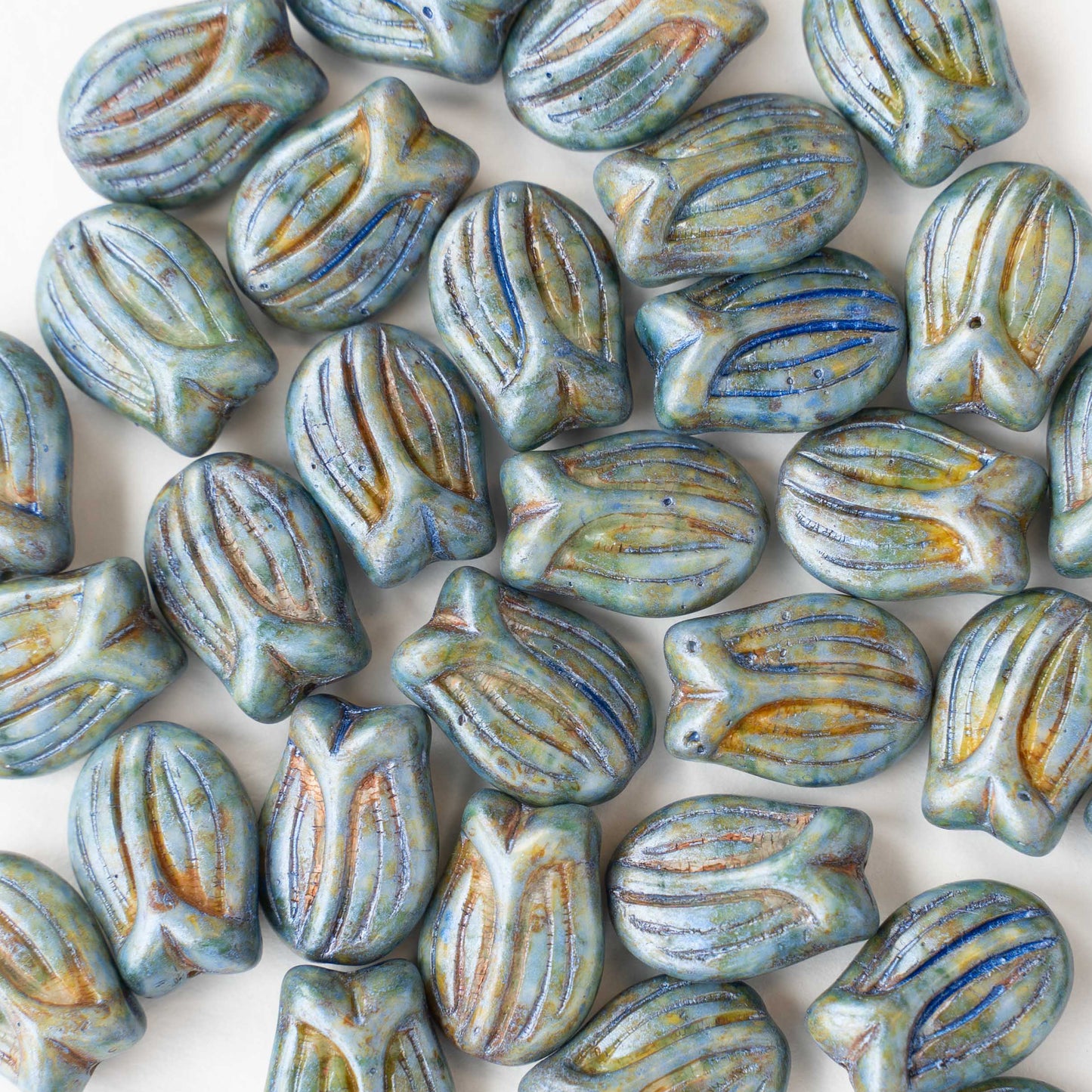 16mm Tulip Flower Beads - Blue Picasso - 6 or 18