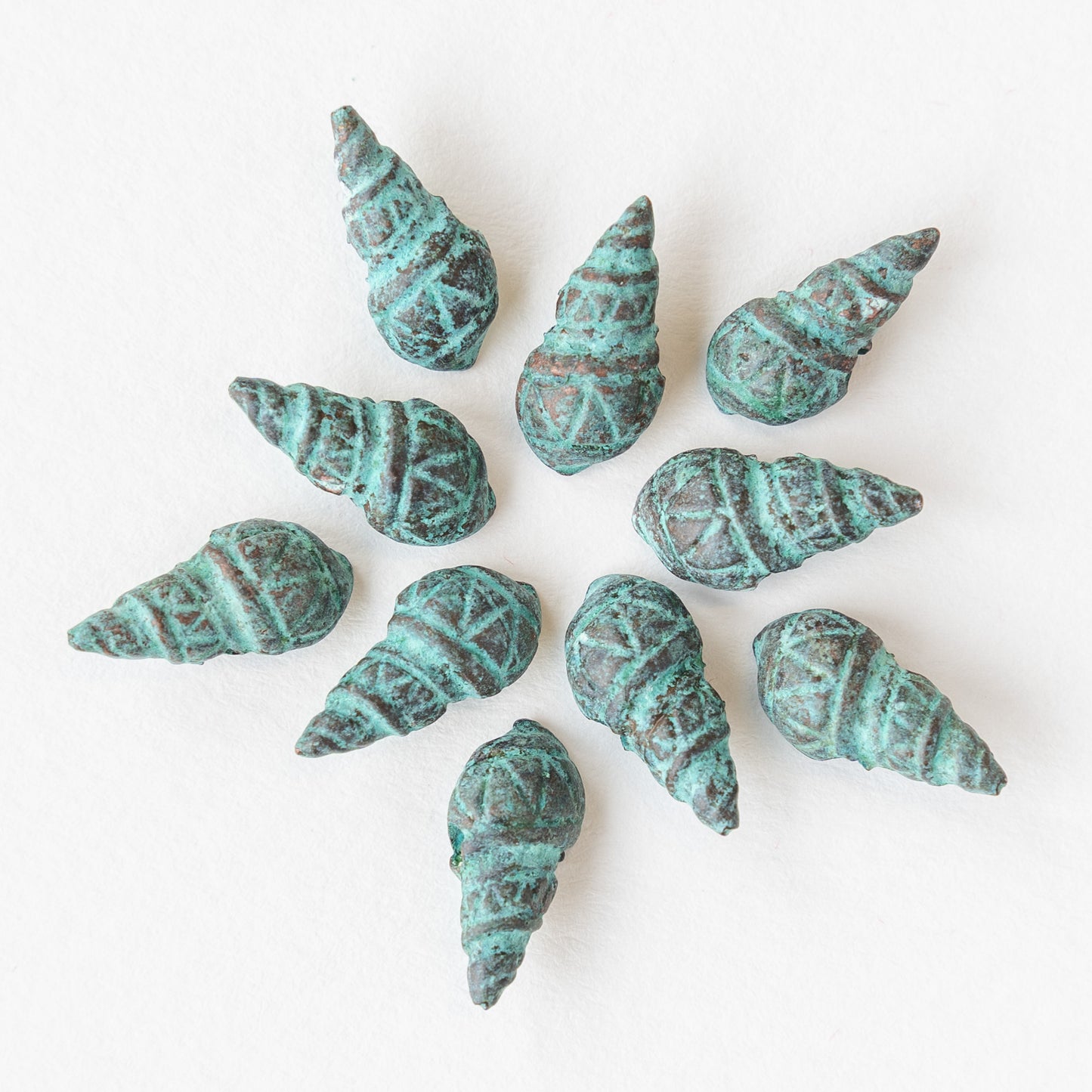 Load image into Gallery viewer, 16mm Mykonos Metal Conch Shell Beads - Green Patina - 10 or 20
