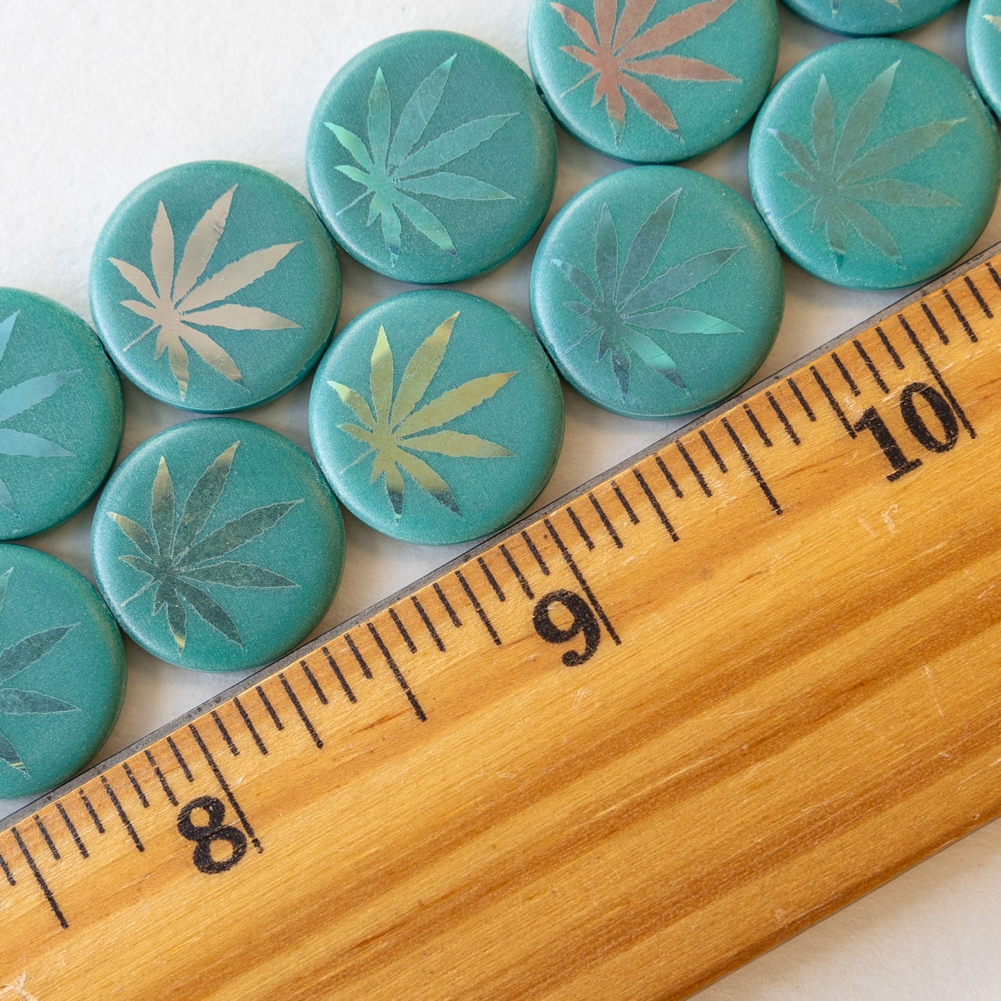 16mm Glass Leaf Coin Beads - Seafoam - 8 beads