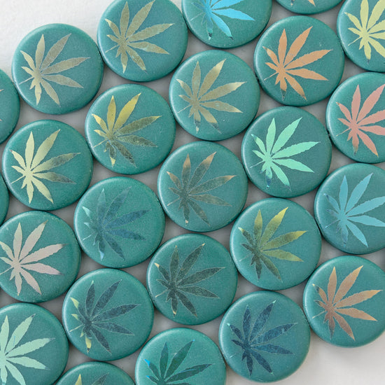16mm Glass Leaf Coin Beads - Seafoam - 8 beads