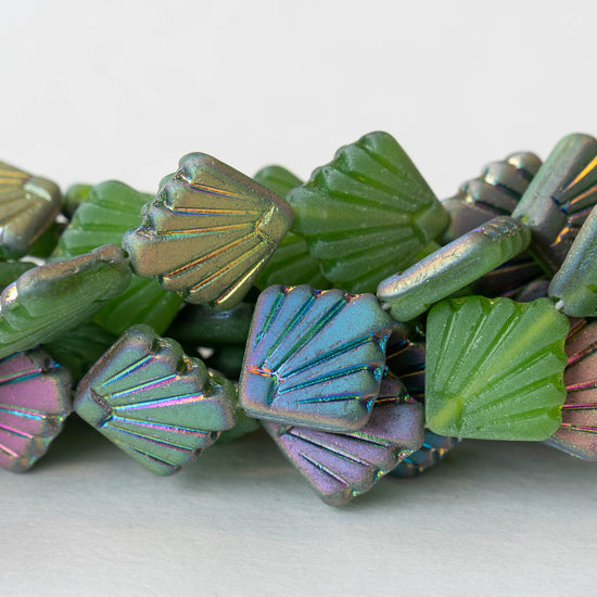14mm Diafan Beads - Green Matte Glass with a Pastel Iris - 8 beads