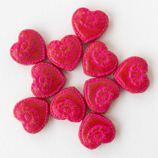 17mm Glass Heart Beads - Opaque Red with Pink Wash - 4 or 12