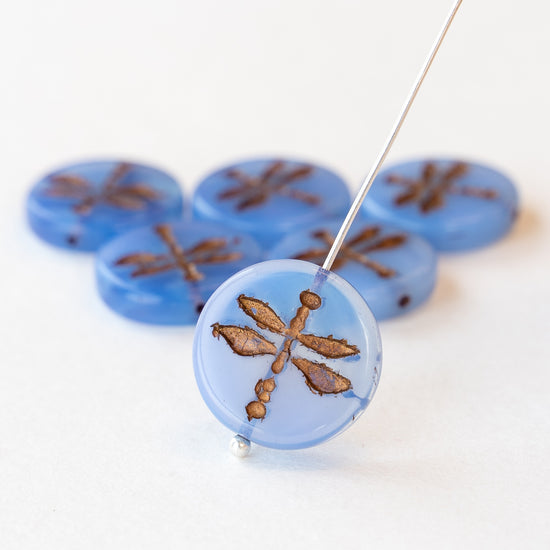 Load image into Gallery viewer, 17mm Dragonfly Coin Beads - Blue Opaline with Bronze Wash - 4 or 12
