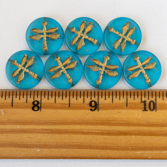 17mm Dragonfly Coin Beads - Dark Aqua with Gold Wash - 4 or 12