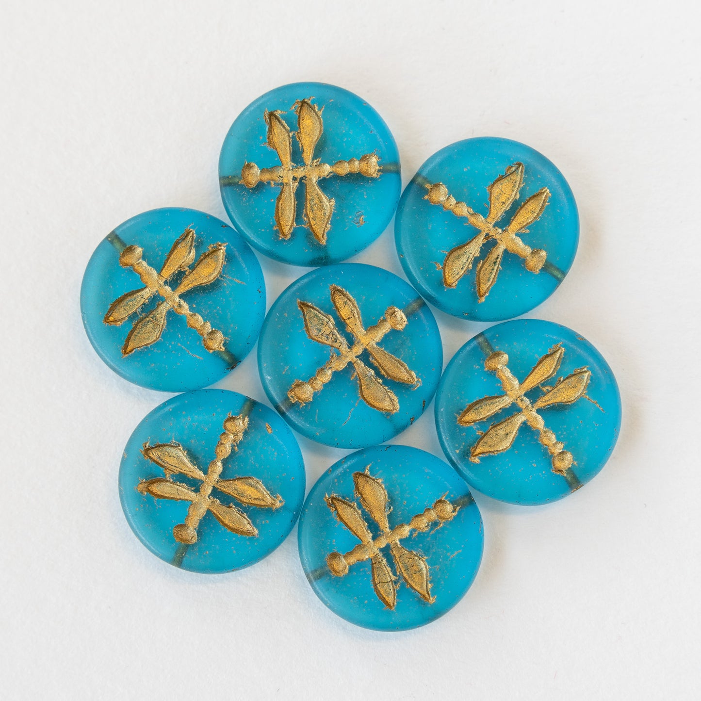 17mm Dragonfly Coin Beads - Dark Aqua with Gold Wash - 4 or 12