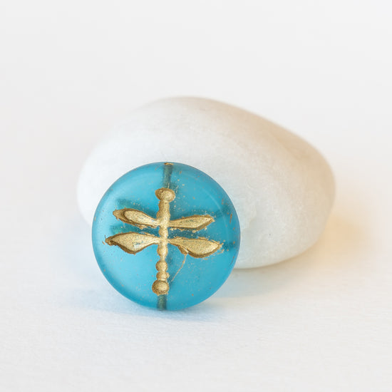 17mm Dragonfly Coin Beads - Dark Aqua with Gold Wash - 4 or 12