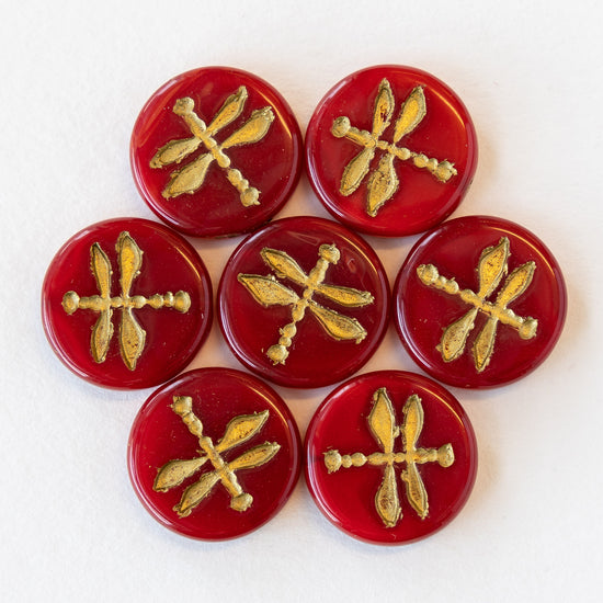 Load image into Gallery viewer, 17mm Dragonfly Coin Beads - Opaque Red with Gold Wash - 4 or 12
