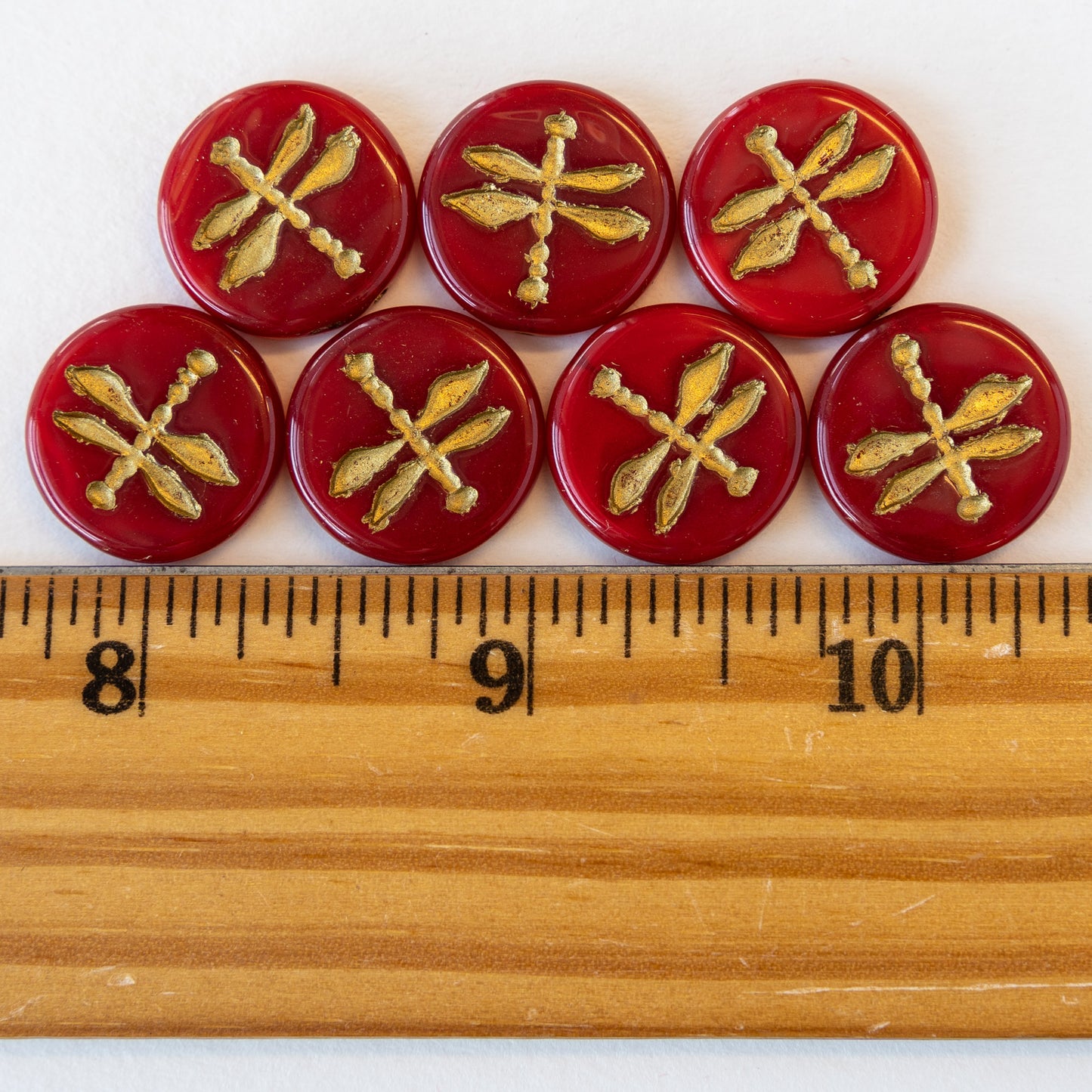 Load image into Gallery viewer, 17mm Dragonfly Coin Beads - Opaque Red with Gold Wash - 4 or 12
