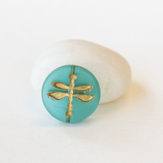17mm Dragonfly Coin Beads - Teal with Gold Wash - 4 or 12