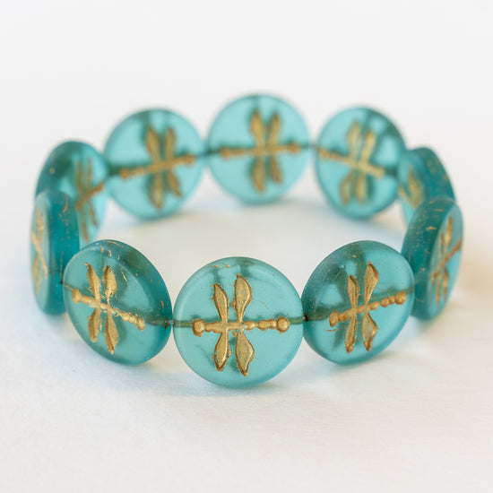 17mm Dragonfly Coin Beads - Teal with Gold Wash - 4 or 12