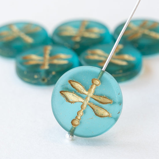 17mm Dragonfly Coin Beads - Teal with Gold Wash - 4 or 12