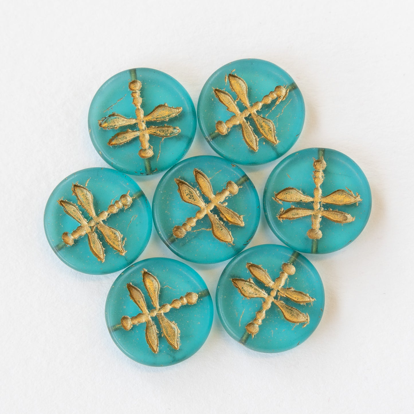 17mm Dragonfly Coin Beads - Teal with Gold Wash - 4 or 12