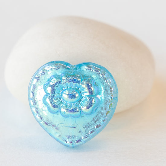 17mm Glass Heart Beads - Lustrous Aqua AB - 4 or 12