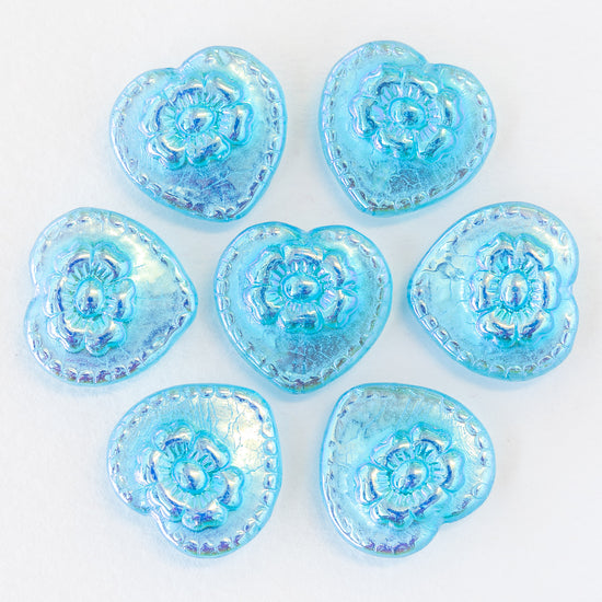 17mm Glass Heart Beads - Lustrous Aqua AB - 4 or 12