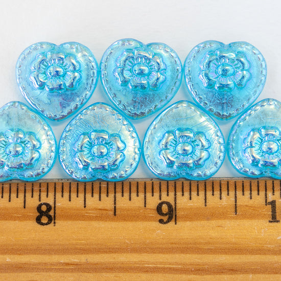 17mm Glass Heart Beads - Lustrous Aqua AB - 4 or 12