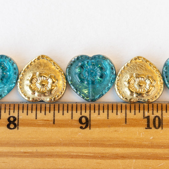 Load image into Gallery viewer, 17mm Glass Heart Beads -  Aqua Gold - 4 or 12
