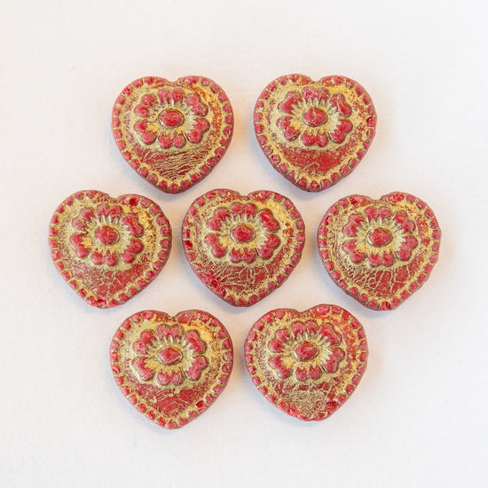 17mm Glass Heart Beads - Red with Gold Wash - 4 or 12