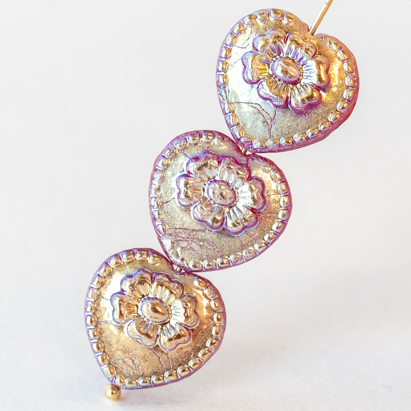 17mm Glass Heart Beads - Raspberry Gold... ish - 4 or 12