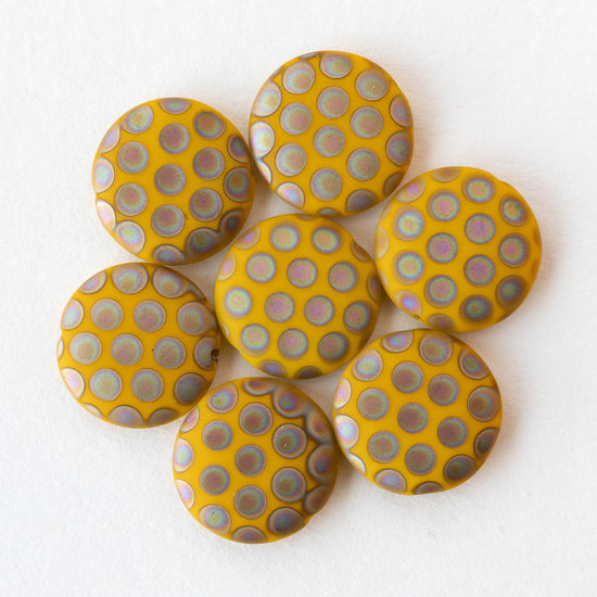 18mm Glass Coin - Yellow Matte With Peacock Finish - 2 beads