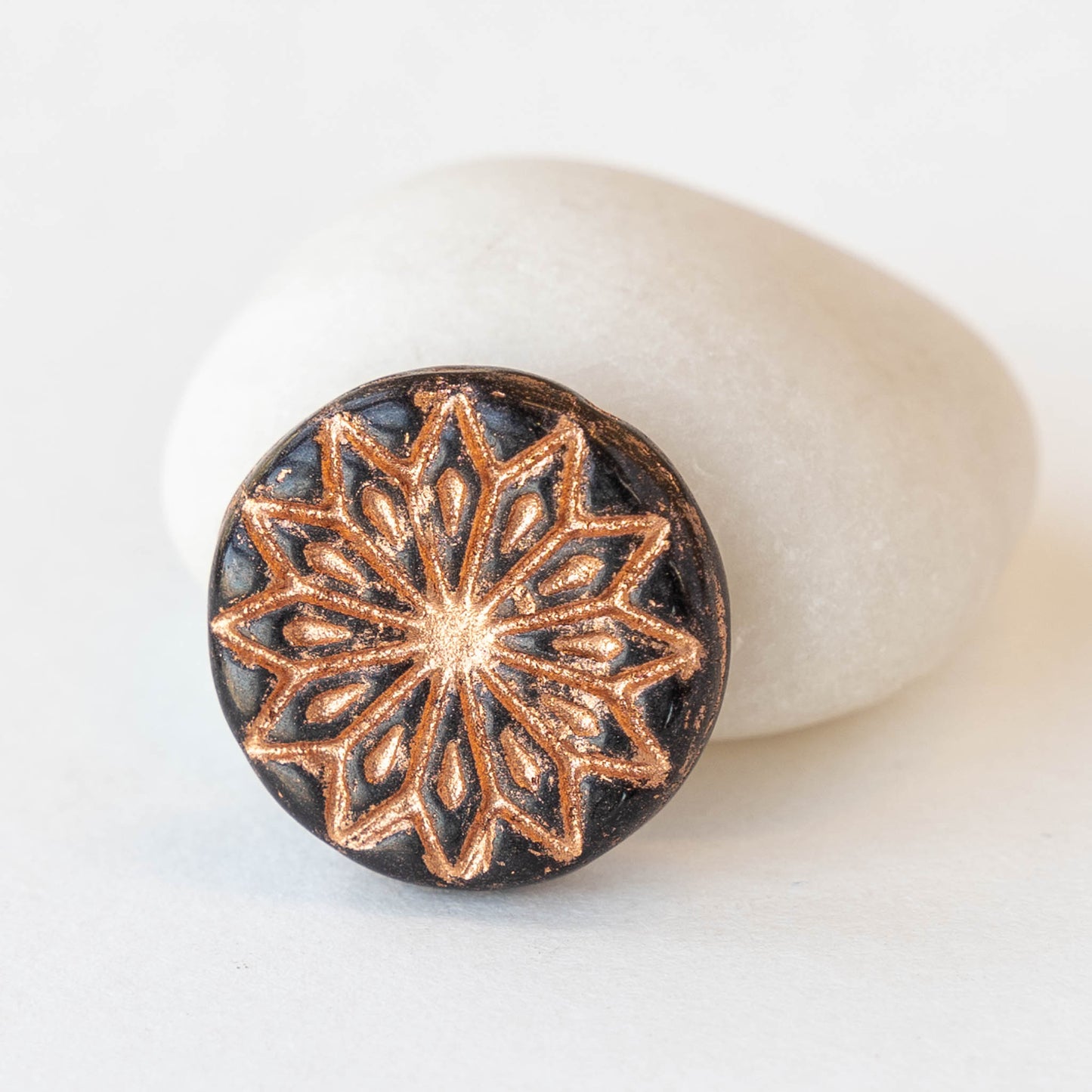 18mm Star Flower Glass Coin Bead -Black with Copper Wash - 4 or 12