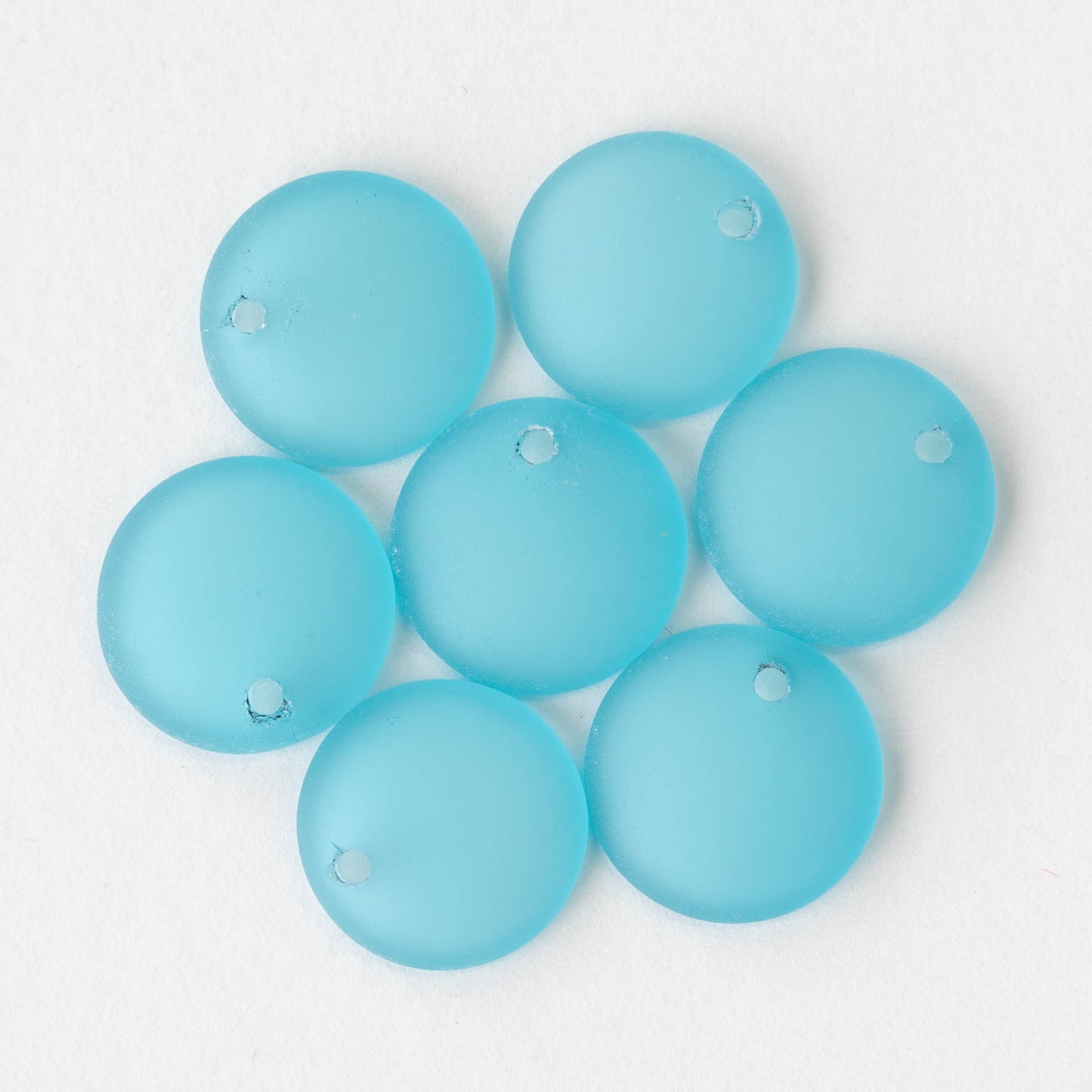 Frosted Glass Coin Pendants - Light Aqua Blue - 6 beads