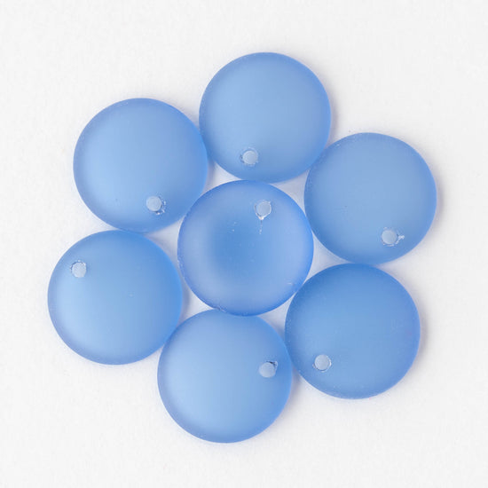 Frosted Glass Coin Pendants - Sky Blue - 6 beads