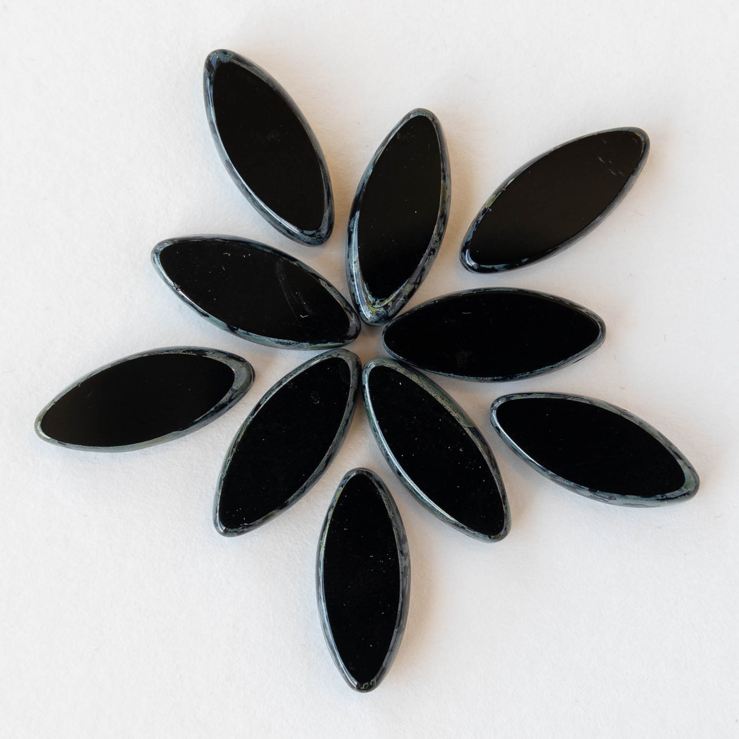 18mm Glass Spindle Beads - Black with Picasso Edges - 10 beads