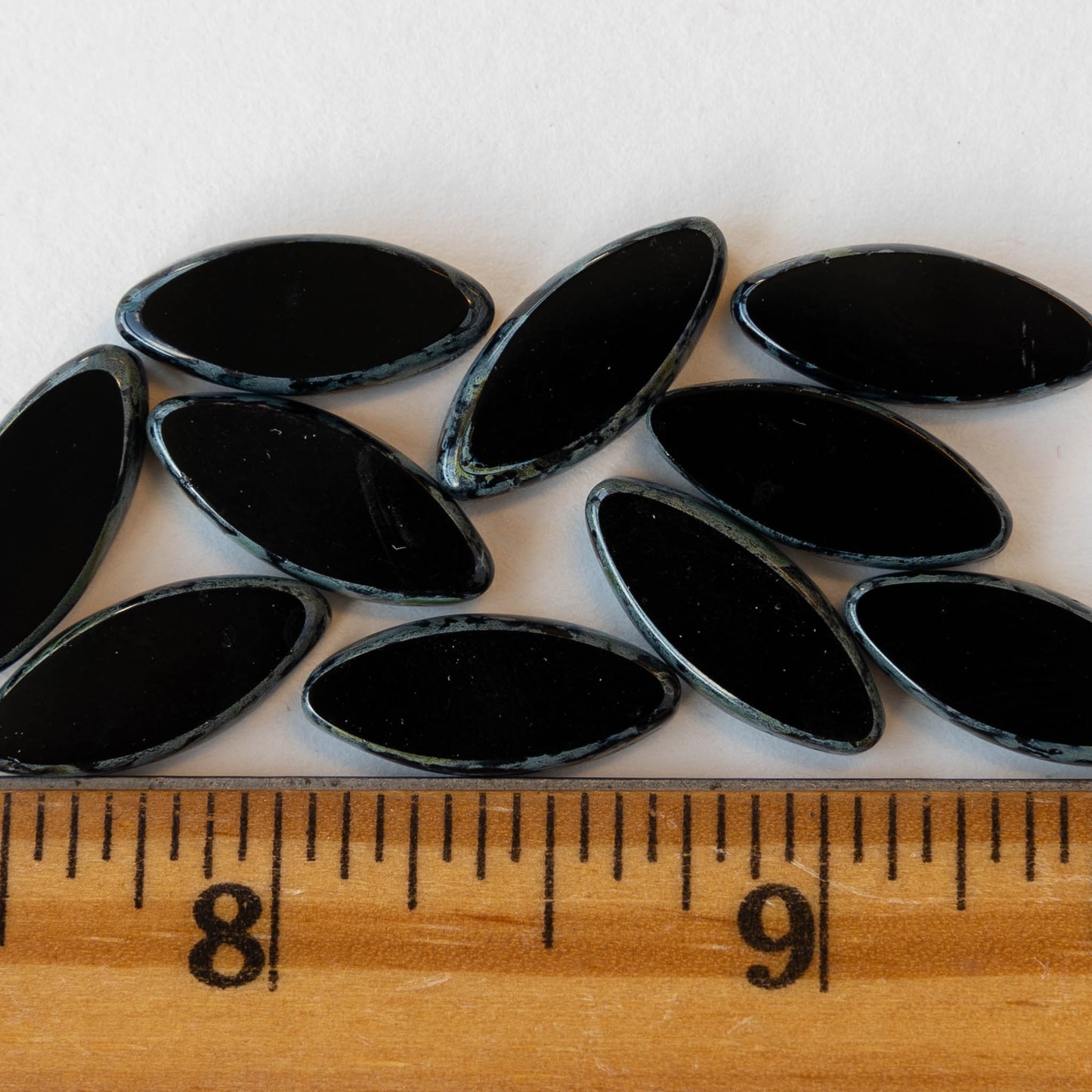 18mm Glass Spindle Beads - Black with Picasso Edges - 10 beads