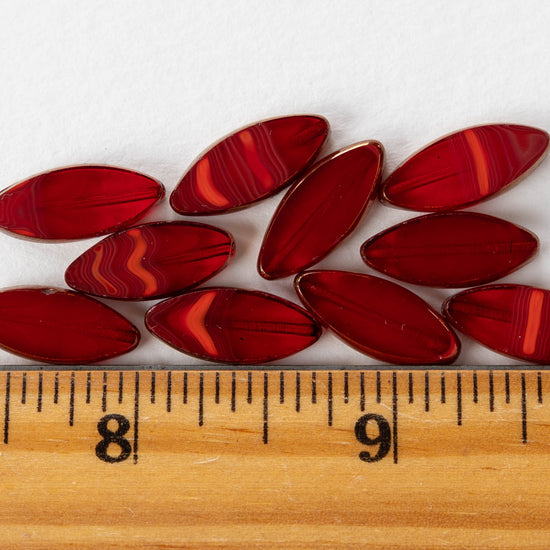 18mm Glass Spindle Beads - Red with Bronze Edges - 10 beads