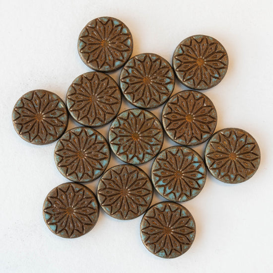 18mm Star Flower Coin Bead - Brown and Turquoise - 4 or 12