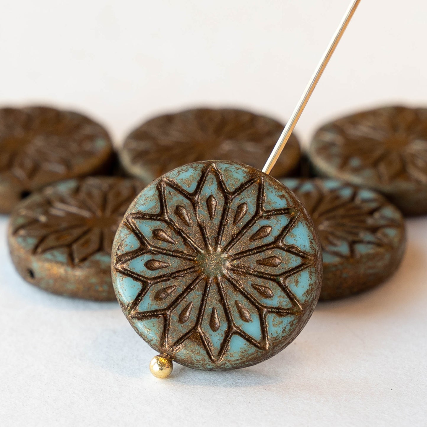 18mm Star Flower Coin Bead - Brown and Turquoise - 4 or 12