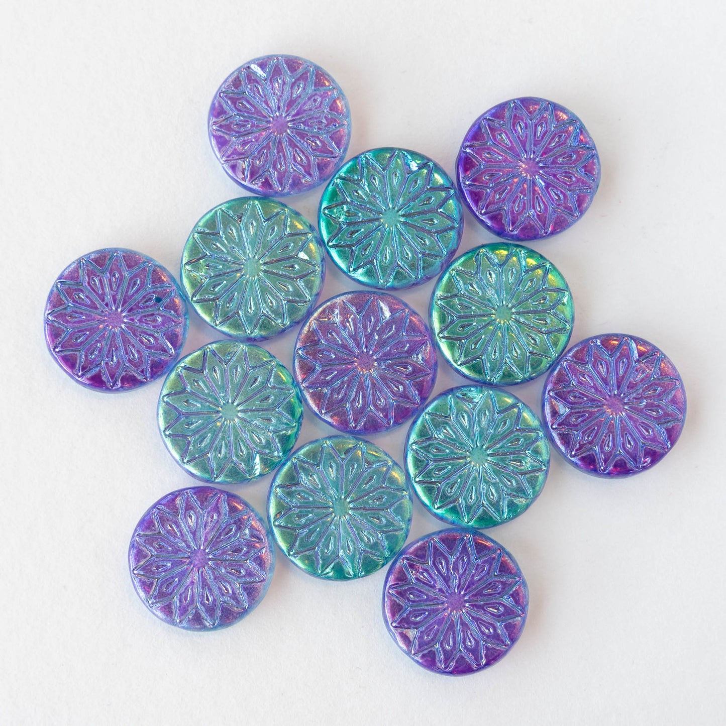 18mm Star Flower Coin Bead - Aqua and Purple Metallic - 4 or 12