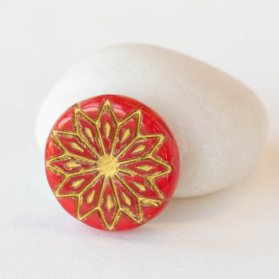 18mm Star Flower Coin Bead - Red with Gold Wash - 4 or 12