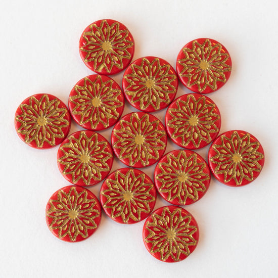 18mm Star Flower Coin Bead - Red with Gold Wash - 4 or 12