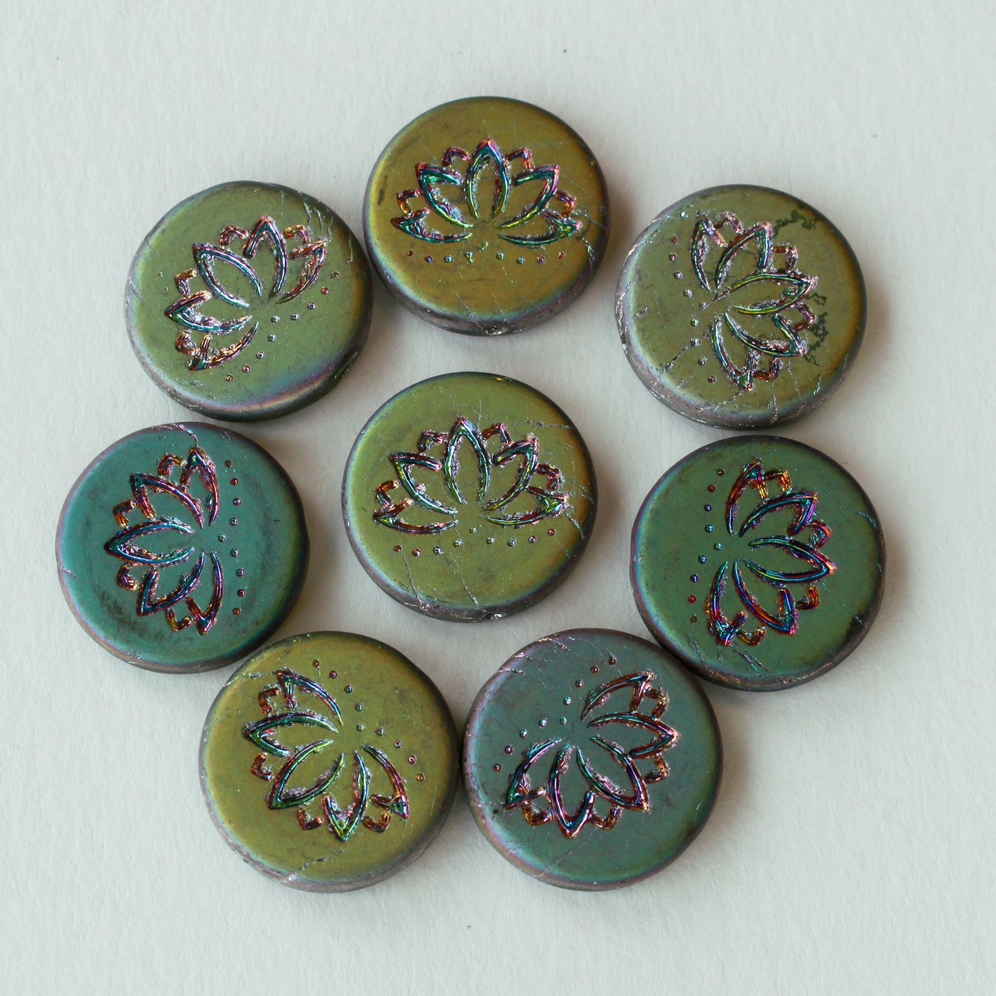 18mm Lotus Flower Beads - Olive Matte with Vitrail Finish - Choose Amount