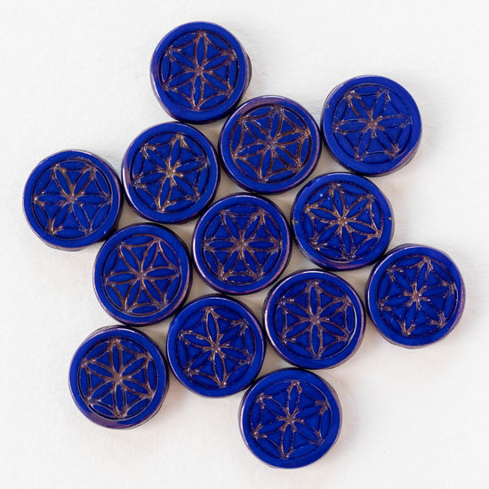 Load image into Gallery viewer, 19mm Flower of Life Coin Bead - Blue with Gold Wash - Choose Amount
