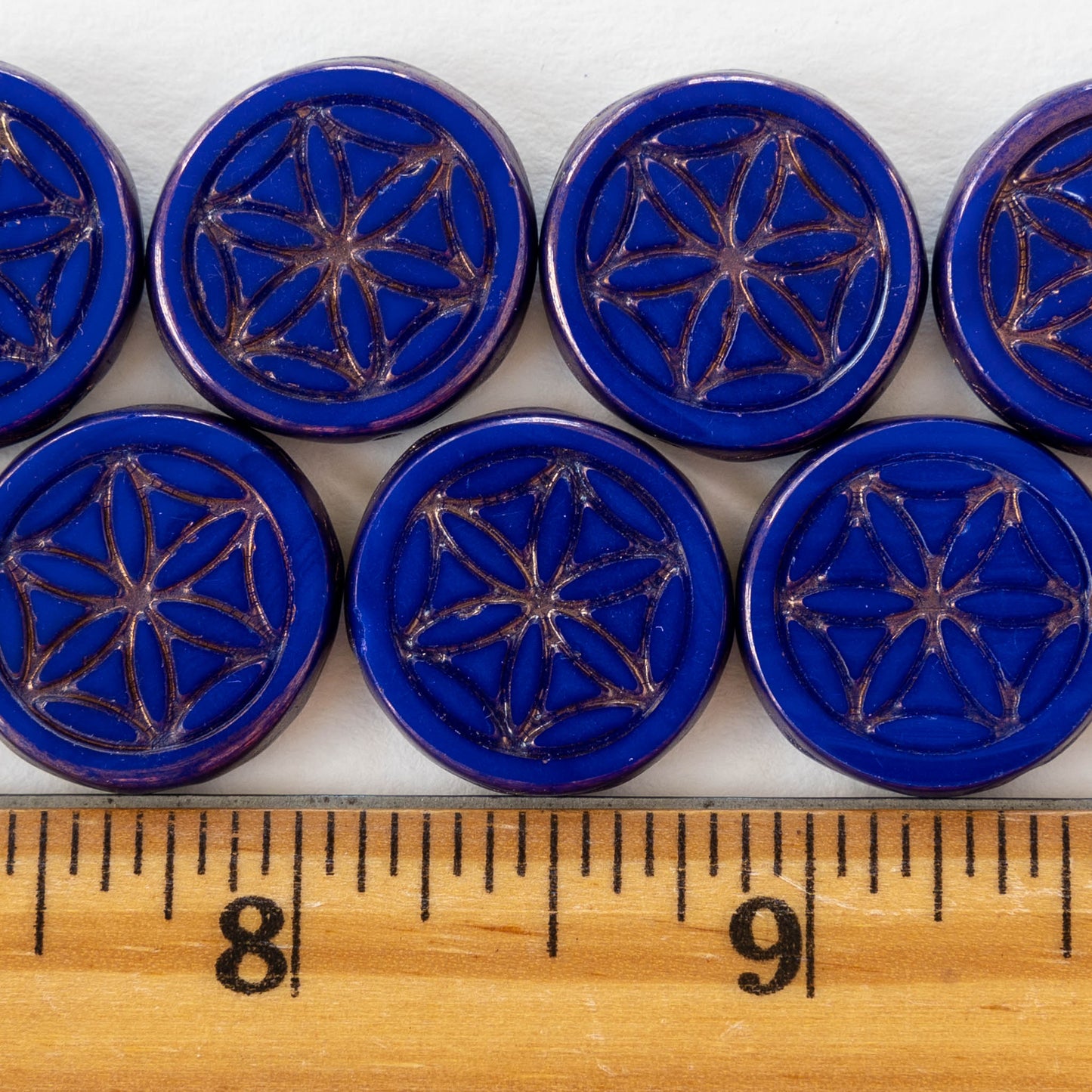 19mm Flower of Life Coin Bead - Blue with Gold Wash - Choose Amount