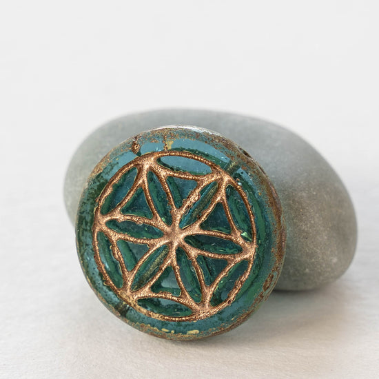 19mm Flower of Life Coin Bead - Aqua with Bronze Wash - Choose Amount