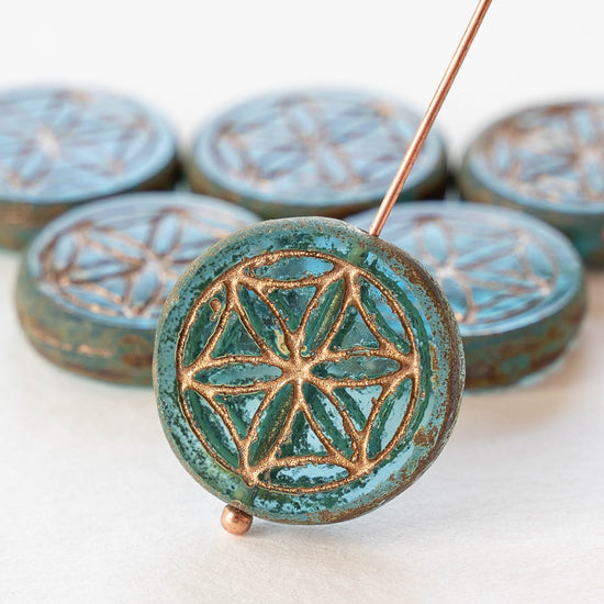 Load image into Gallery viewer, 19mm Flower of Life Coin Bead - Aqua with Bronze Wash - Choose Amount
