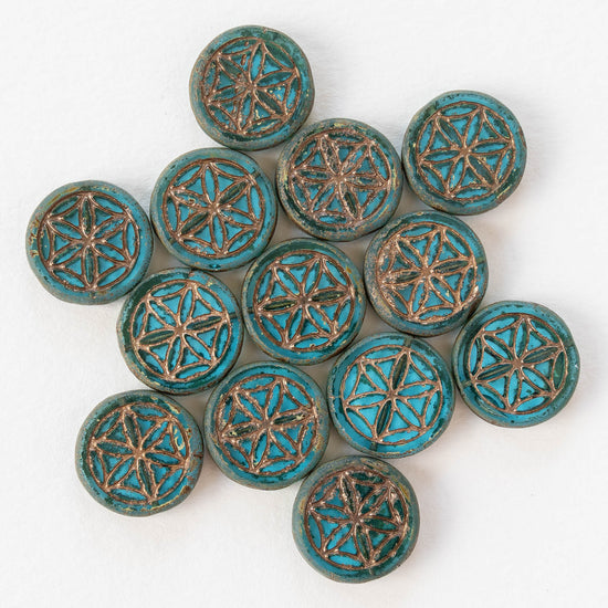 19mm Flower of Life Coin Bead - Aqua with Bronze Wash - Choose Amount