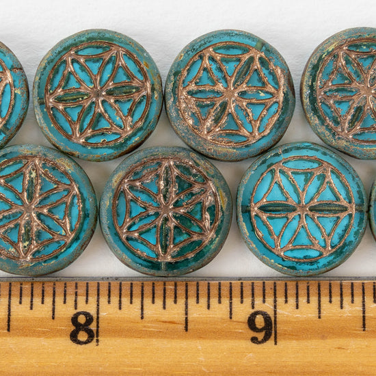 Load image into Gallery viewer, 19mm Flower of Life Coin Bead - Aqua with Bronze Wash - Choose Amount
