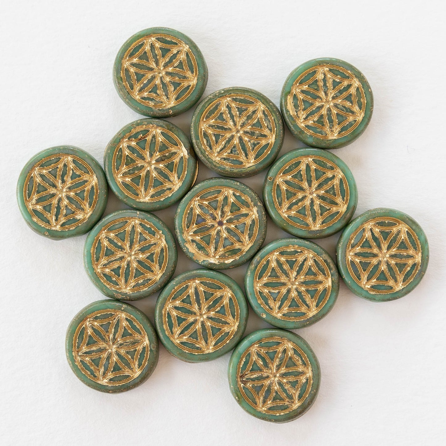 Load image into Gallery viewer, 19mm Flower of Life Coin Bead -  Aged Turquoise with Gold Wash - Choose Amount
