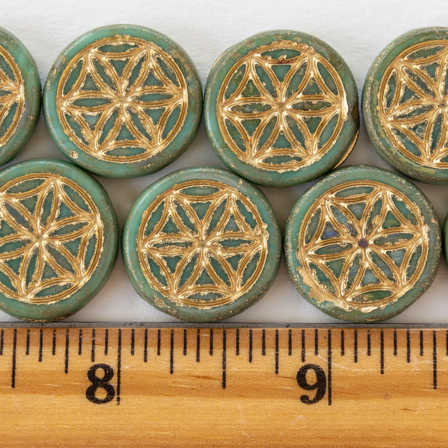 Load image into Gallery viewer, 19mm Flower of Life Coin Bead -  Aged Turquoise with Gold Wash - Choose Amount
