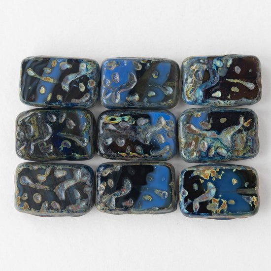19mm Groovy Rectangle - Blue and Brown Picasso - 6 or 12 Beads