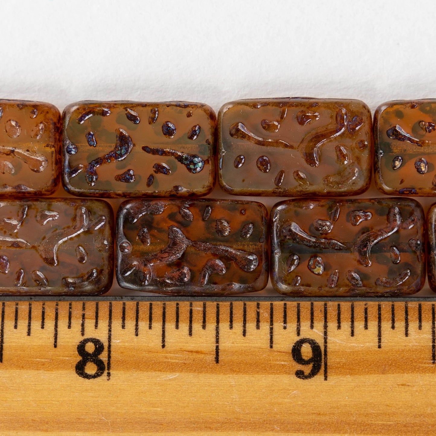 19mm Groovy Rectangle - Amber Picasso - 10 Beads