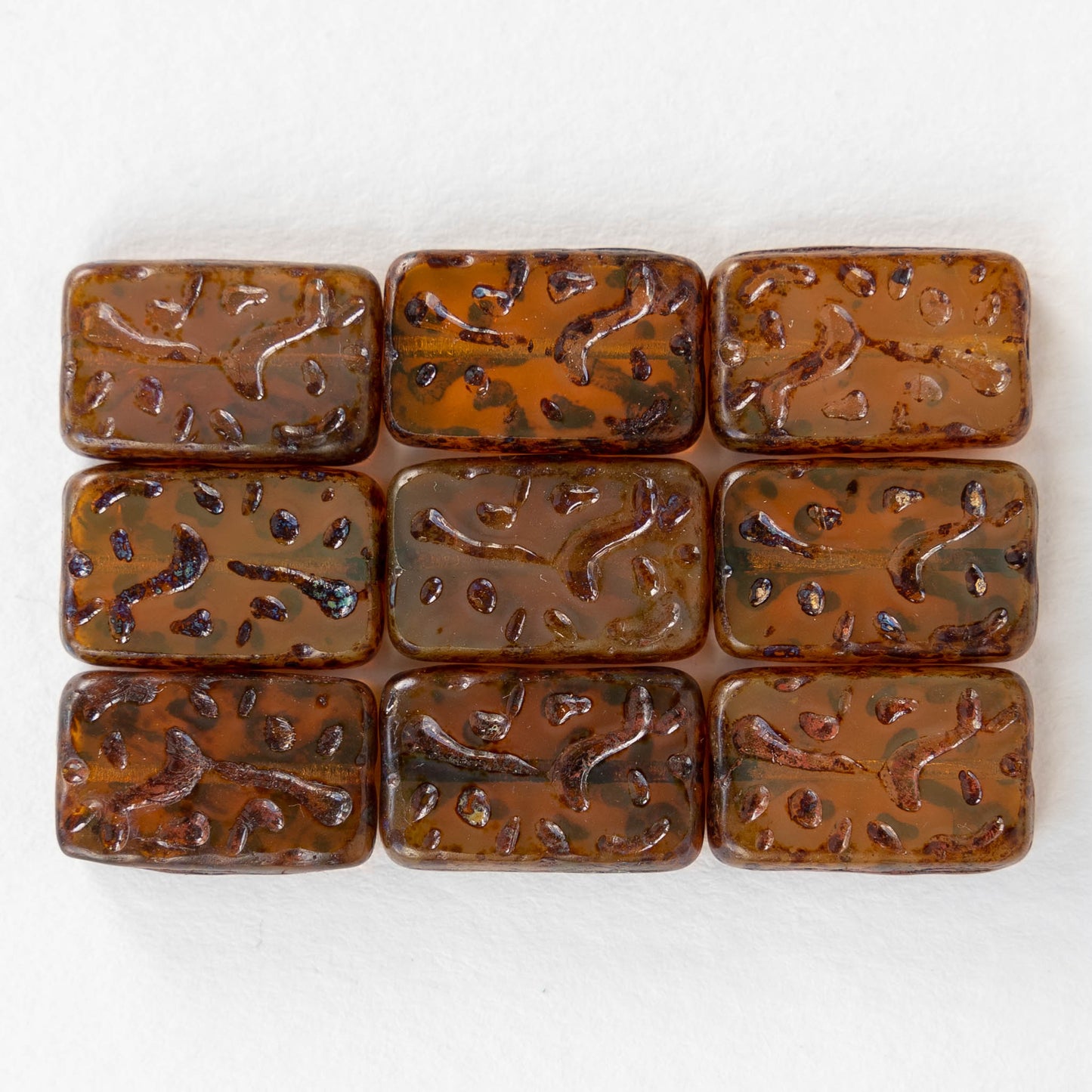 19mm Groovy Rectangle - Amber Picasso - 10 Beads