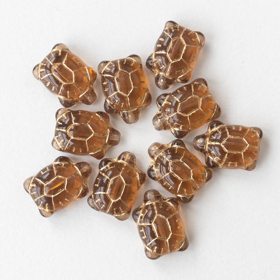 Glass Turtle Beads - Smokey Topaz with Gold Wash  - 6 beads