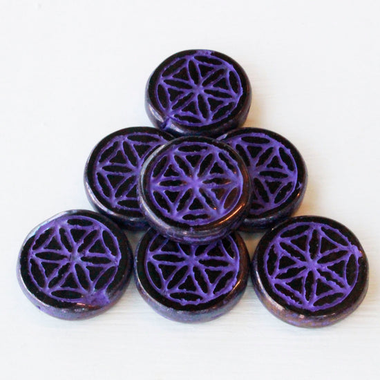 19mm Flower of Life Coin Bead - Black with Purple Wash - Choose Amount