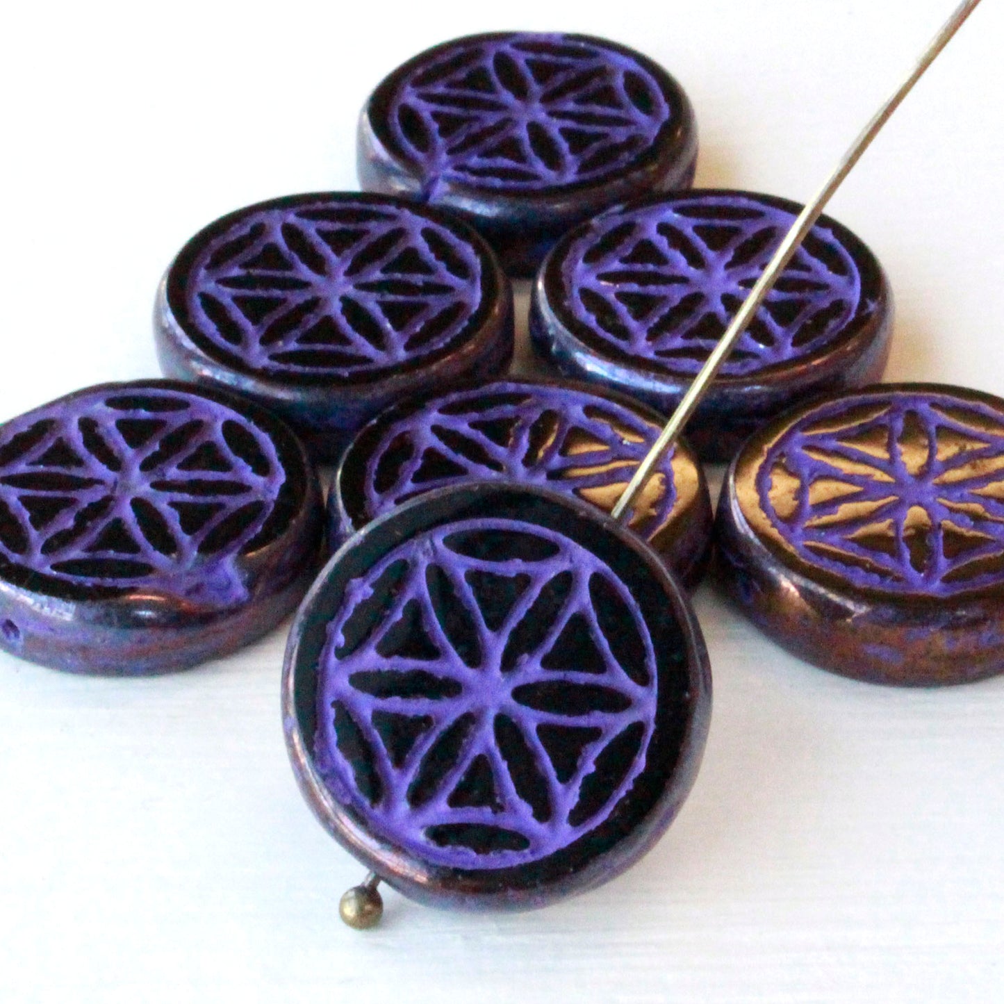 Load image into Gallery viewer, 19mm Flower of Life Coin Bead - Black with Purple Wash - Choose Amount
